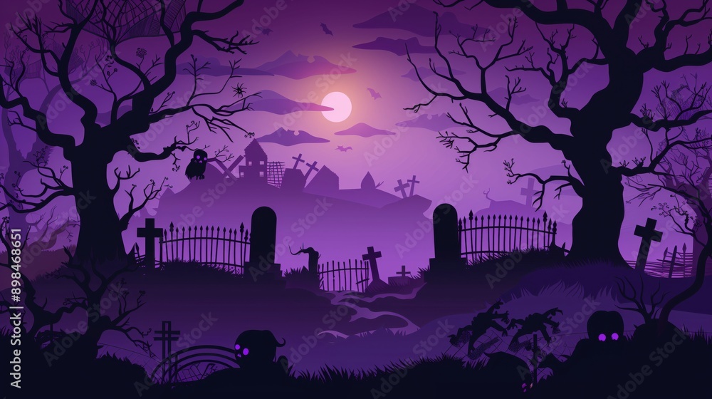 A halloween background showing a black and purple graveyard with scary trees, cemeteries, and fences