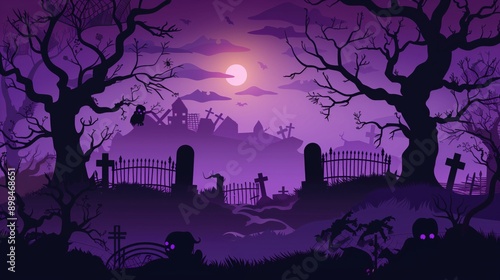 A halloween background showing a black and purple graveyard with scary trees, cemeteries, and fences