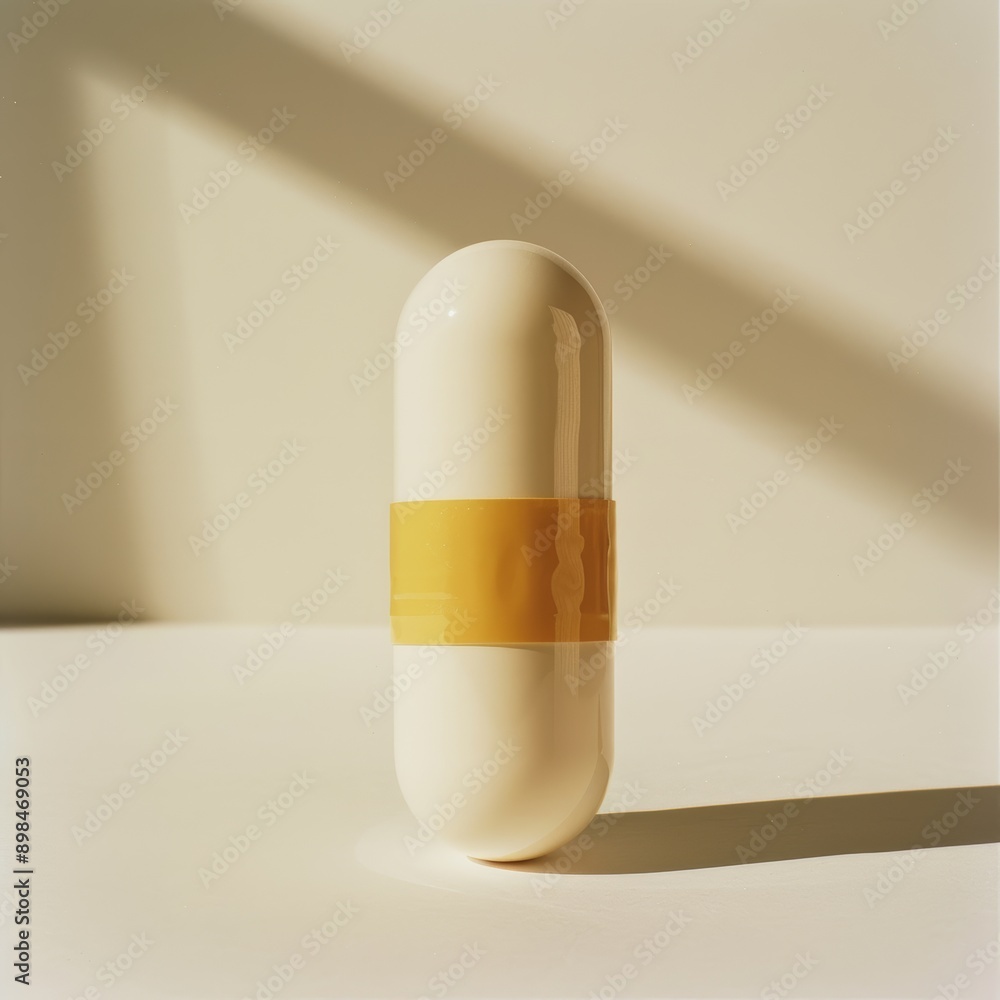 A minimalist product photography setup features a white and yellow capsule pill with modernist design, rendered in 3D mock-up style against a light white backdrop. A minimalist product photography setup features a white and yellow capsule pill with modernist design, rendered in 3D mock-up style against a light white backdrop.