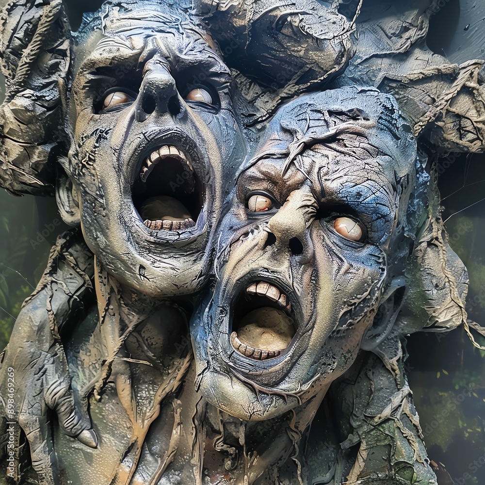 Naklejka premium Creepy, realistic sculpture featuring two horror-themed, distorted faces with open mouths, showcasing an eerie, haunting effect.