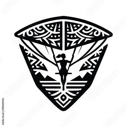 Hang Gliding  female player in ethnic polynesia pattern illustration, emblem shield badge
