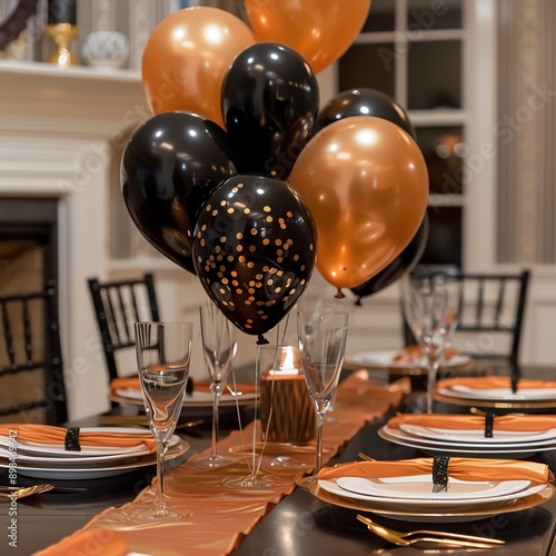 Elegantly decorated table with black and gold balloons, festive dinner setup for a celebration or event in a stylish room. photo