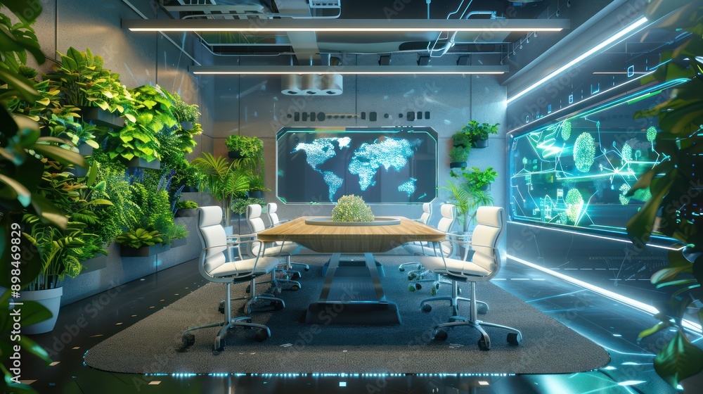 futuristic virtual meeting space with biophilic design elements, integrating living plants with digital screens futuristic virtual meeting space with biophilic design elements, integrating living plants with digital screens
