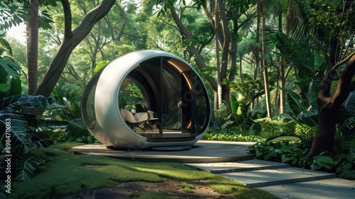 futuristically designed pod for individual virtual meetings, set in a public park with lush greenery around photo