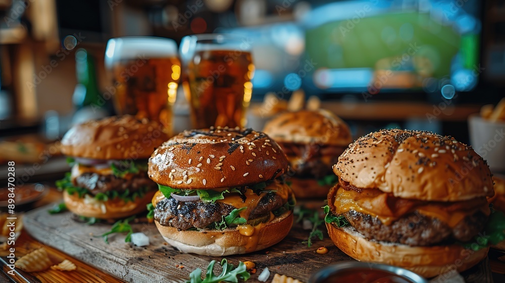 Burgers, French fries and beer in the bar against the background of a TV showing a football match. Burgers, French fries and beer in the bar against the background of a TV showing a football match.