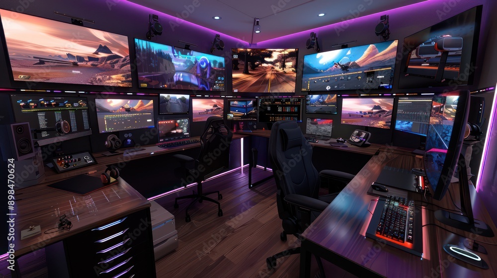 high-end gaming studio with immersive virtual reality setups and live game development on multiple screens high-end gaming studio with immersive virtual reality setups and live game development on multiple screens