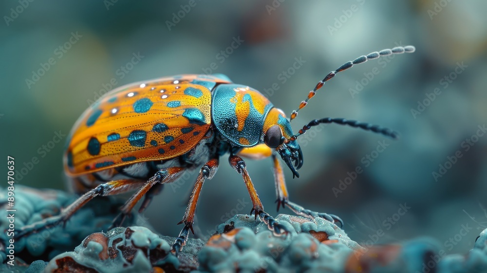 Fototapeta premium Macro photograph of a colorful beetle standing on lichen in the forest, with its antennae extended
