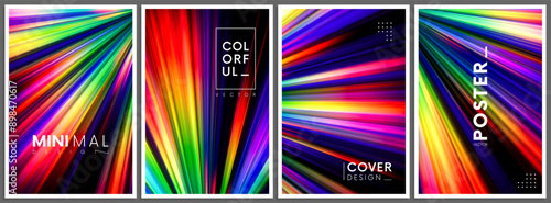 Minimal dynamic covers design with colorful vibrant radiant beams. Set of posters, brochures, flyers, with rainbow gradient glowing rays. Night club party or summer music festival invitations. Vector
