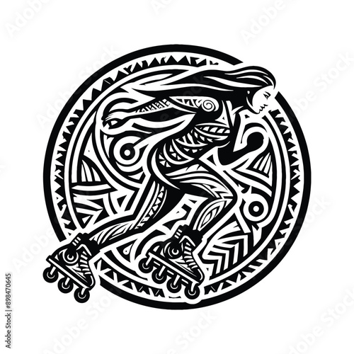 Inline Skating  female player in ethnic polynesia pattern illustration, emblem shield badge