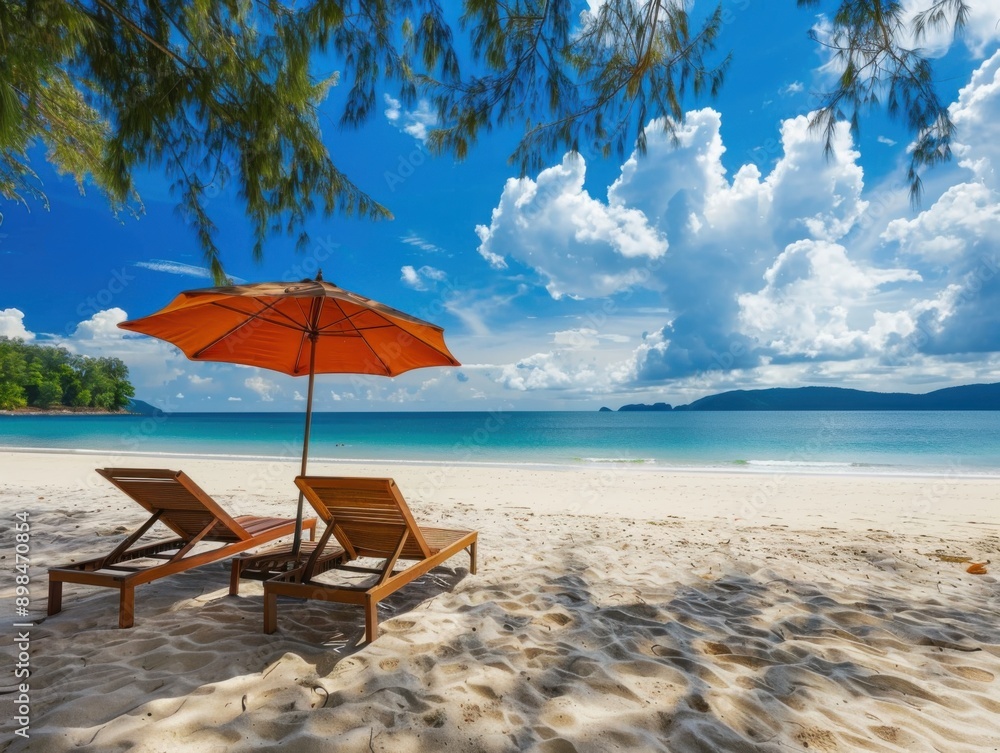 Idyllic tropical beach scene with two lounge chairs under an orange umbrella, overlooking the ocean with clear blue skies and fluffy clouds. Idyllic tropical beach scene with two lounge chairs under an orange umbrella, overlooking the ocean with clear blue skies and fluffy clouds.