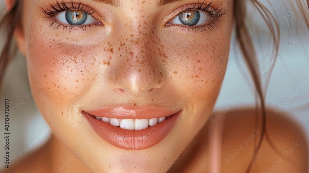 Fototapeta premium A close-up portrait of a smiling young person showcasing clear blue eyes, delicate freckles, and smooth skin, epitomizing natural beauty and vibrant health