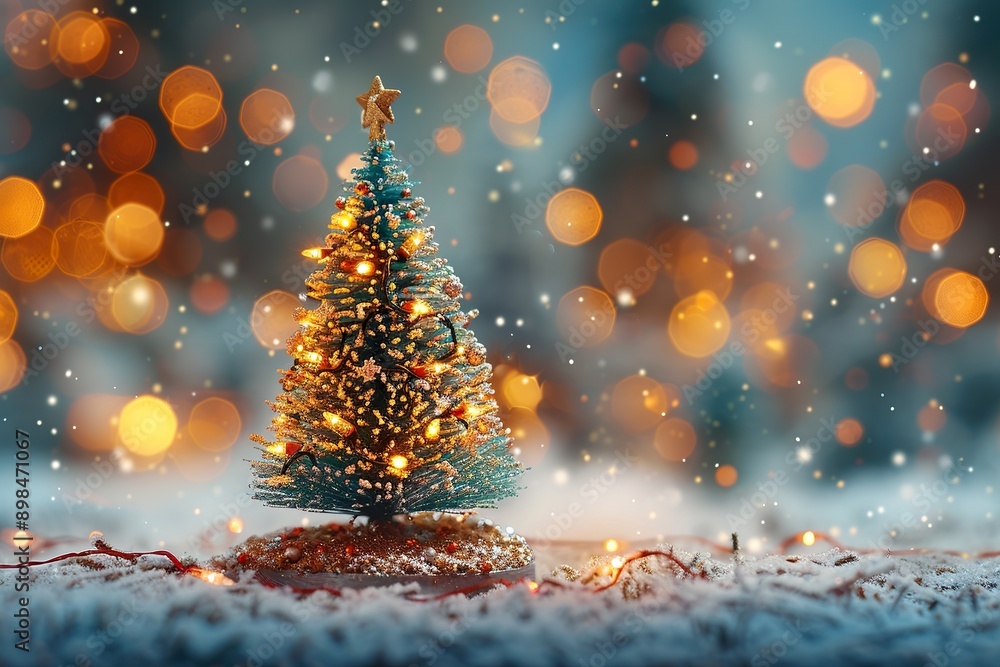 Obraz premium Tiny Snowy Christmas Tree Against a Festive Glow