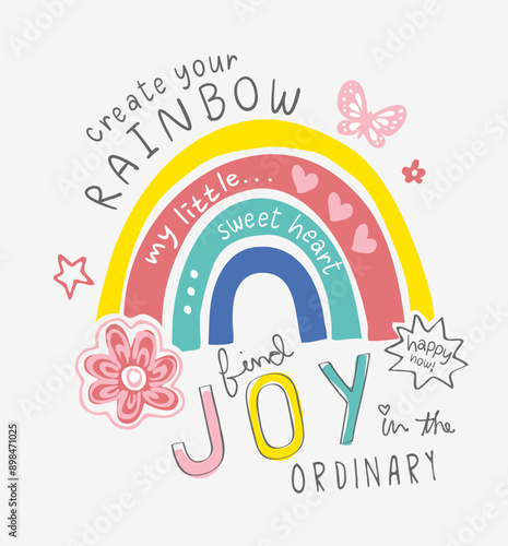typography slogan with cute colorful rainbow vector illustration for girl fashion print