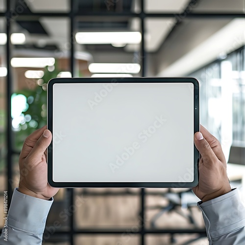 Businessman showing blank screen tablet with copy space. photo