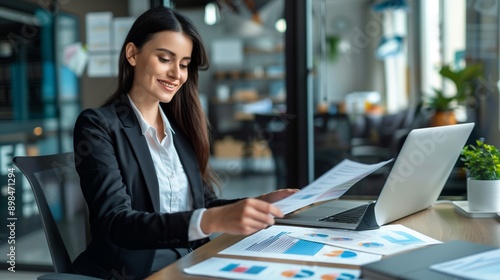 Young Businesswoman Analyzing Data Computer Modern Workspace Happiness Confident