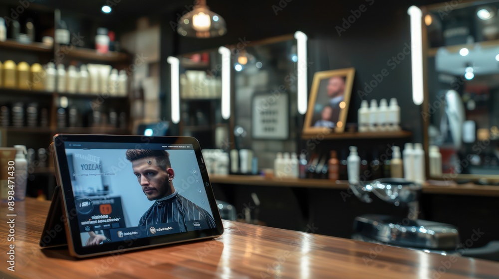 high-tech barber shop with virtual hairstyle try-ons and automated appointment scheduling on a sleek tablet high-tech barber shop with virtual hairstyle try-ons and automated appointment scheduling on a sleek tablet