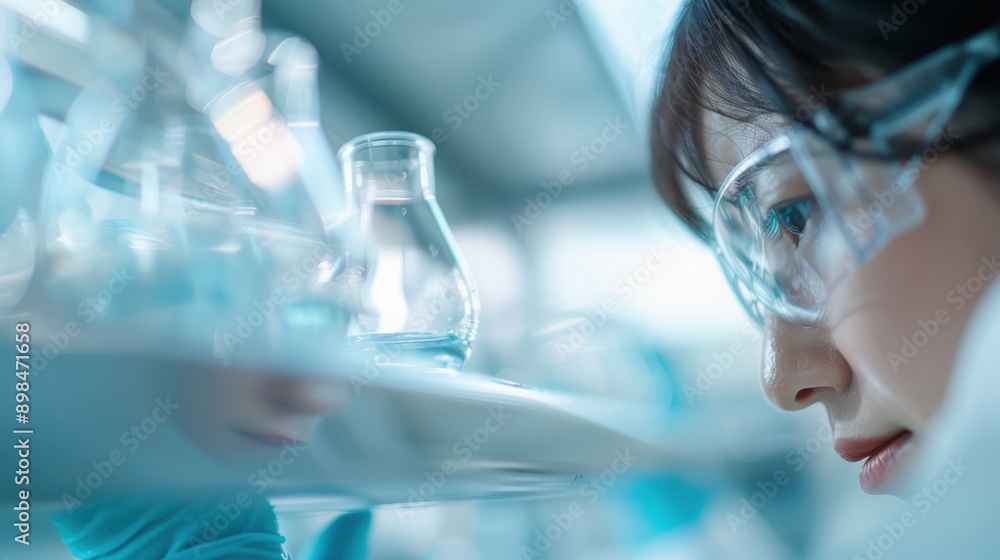 Scientist dressed in lab gear, deeply focused on conducting experiments in a state-of-the-art laboratory with glassware, demonstrating advanced scientific research techniques. Scientist dressed in lab gear, deeply focused on conducting experiments in a state-of-the-art laboratory with glassware, demonstrating advanced scientific research techniques.