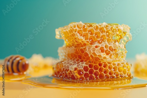 Close-up of fresh honeycomb with dripping golden honey and a bee in the background, set against a gradient background.