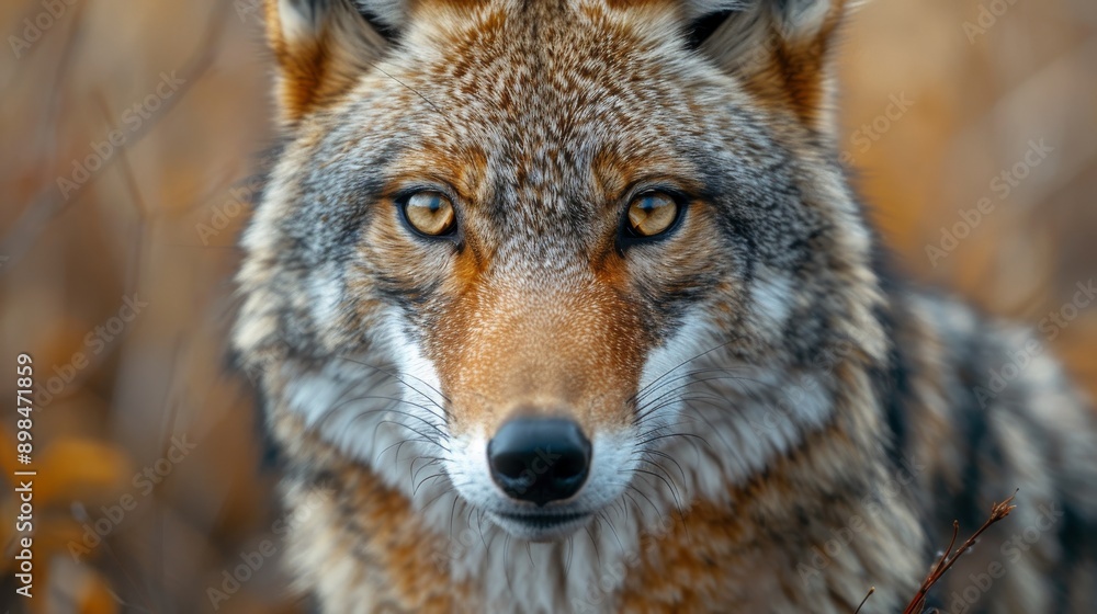 Wild coyote is staring directly at the viewer with intense yellow eyes while standing in the forest Wild coyote is staring directly at the viewer with intense yellow eyes while standing in the forest