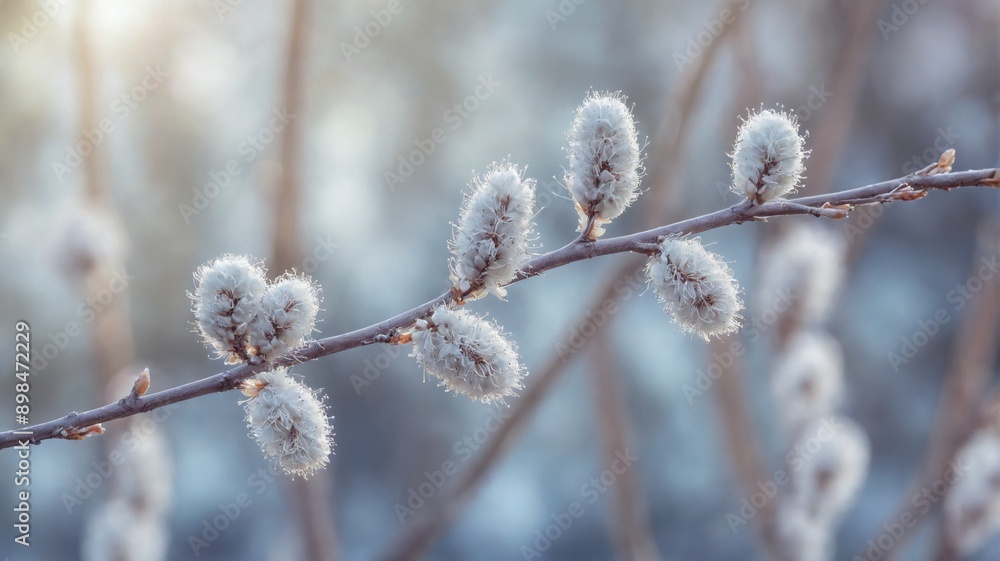 Close-up branch tree small fluffy white flowers bare Fluffy whit Close-up branch tree small fluffy white flowers bare Fluffy whit