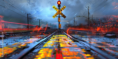 Perilous Crossing: A railroad crossing sign, warning of the dangers of a nearby bend in the tracks.
