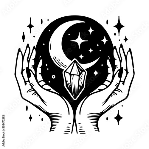 Magic crystal gem with crescent moon and stars in witch hands of fortune teller line art and dot work. Boho chic tattoo, poster or altar veil print design vector illustration