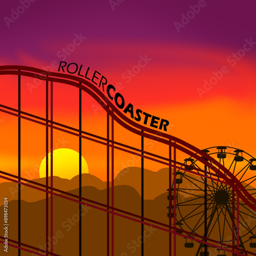 National Roller Coaster Day event banner. Illustration of a roller coaster with a Ferris wheel at sunset to celebrate on August 16