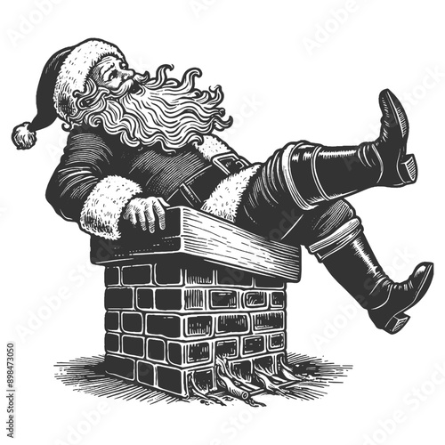 Santa Claus humorously stuck in chimney with his legs dangling out, playful scene sketch engraving generative ai fictional character vector illustration. Scratch board imitation. Black and white image