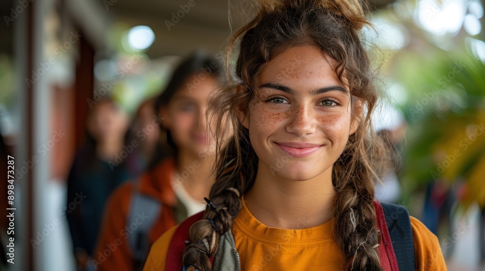 A young girl with braided hair and freckles smiles warmly in a school corridor, surrounded by classmates, exuding a cheerful and friendly atmosphere. A young girl with braided hair and freckles smiles warmly in a school corridor, surrounded by classmates, exuding a cheerful and friendly atmosphere.