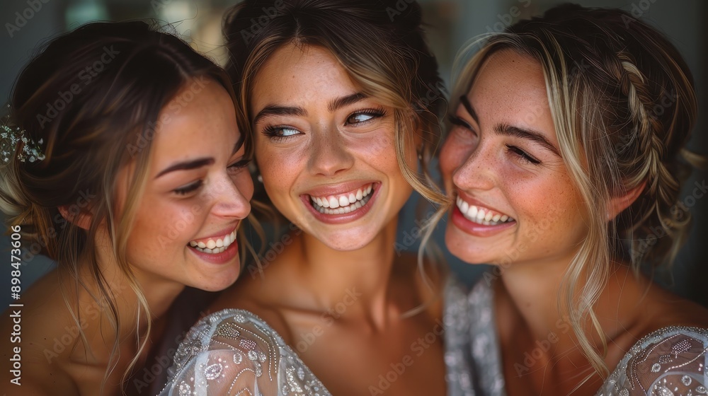 Three joyful women with radiant smiles sharing a close moment together, showcasing their strong bond and happiness in an emotionally warm and bright setting. Three joyful women with radiant smiles sharing a close moment together, showcasing their strong bond and happiness in an emotionally warm and bright setting.