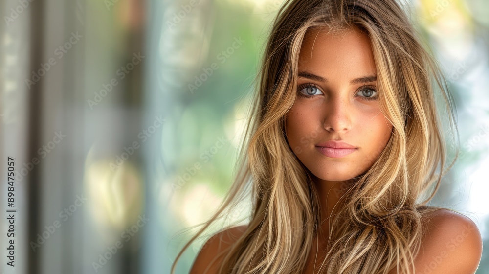 A captivating portrait of a young woman with long blonde wavy hair standing before a blurred background of abstract natural colors, exuding quiet confidence and serene beauty A captivating portrait of a young woman with long blonde wavy hair standing before a blurred background of abstract natural colors, exuding quiet confidence and serene beauty