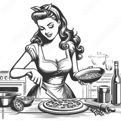 woman cooking making pizza, capturing vintage kitchen vibes and culinary charm sketch engraving generative ai fictional character vector illustration. Scratch board imitation. Black and white image.