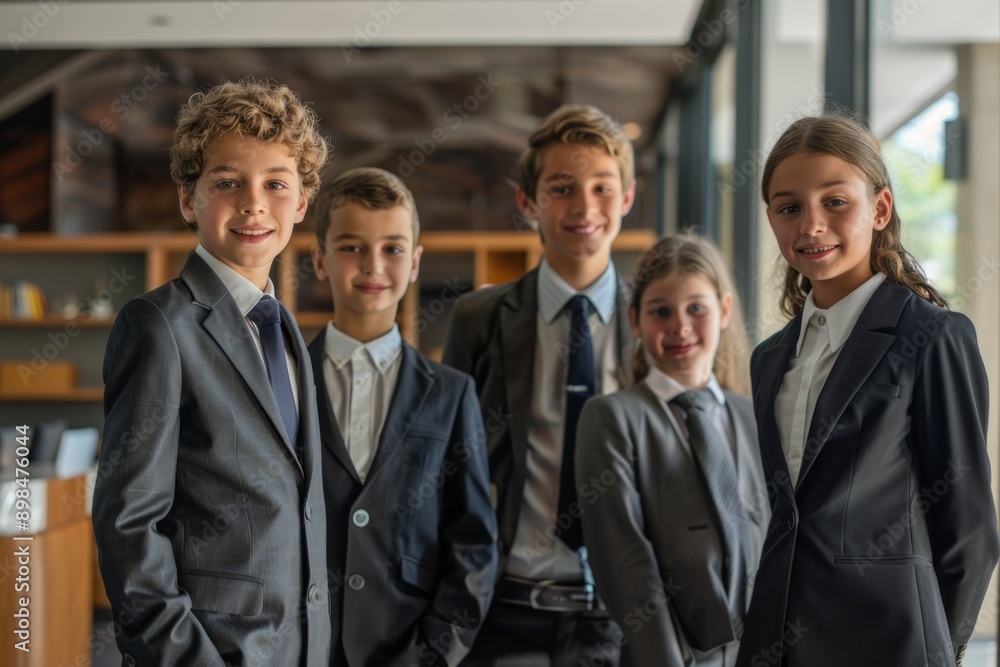 A group of children dressed in business attire standing confidently in an office setting. Their serious expressions and professional appearance emphasize ambition and leadership. A group of children dressed in business attire standing confidently in an office setting. Their serious expressions and professional appearance emphasize ambition and leadership.