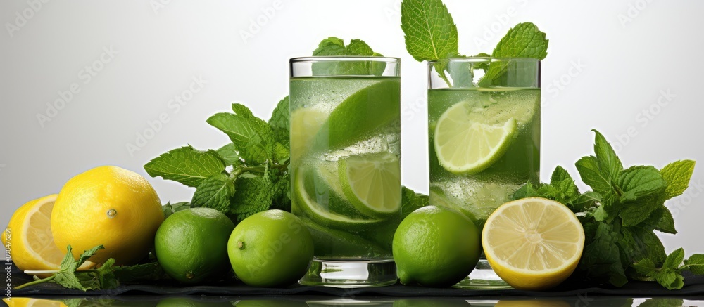 healthy nutrition diet concept. Infused with fresh and cool lemon mint water on a white background healthy nutrition diet concept. Infused with fresh and cool lemon mint water on a white background