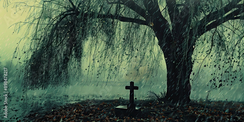 Mournful Tears of the Willow: A weeping willow tree swaying over a grave, its branches strewn with leaves.