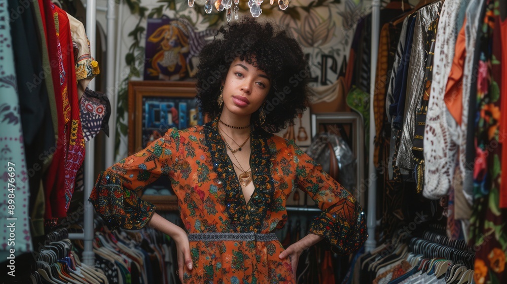 Obraz premium A woman stands in a closet with clothing hanging on racks. She is wearing a floral patterned dress and has an afro. Generative AI