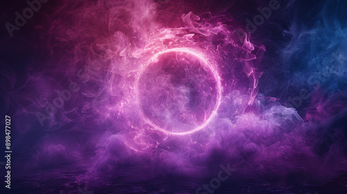 A mesmerizing circular energy field in vibrant pink and purple hues, surrounded by ethereal, swirling smoke against a dark background.