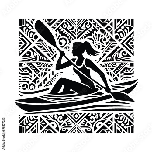 Kayaking  female player in ethnic polynesia pattern illustration, emblem shield badge