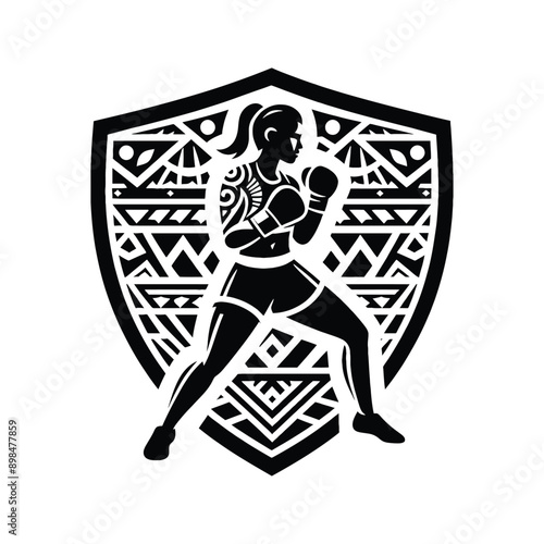 Boxing, Kickboxing   female player in ethnic polynesia pattern illustration, emblem shield badge