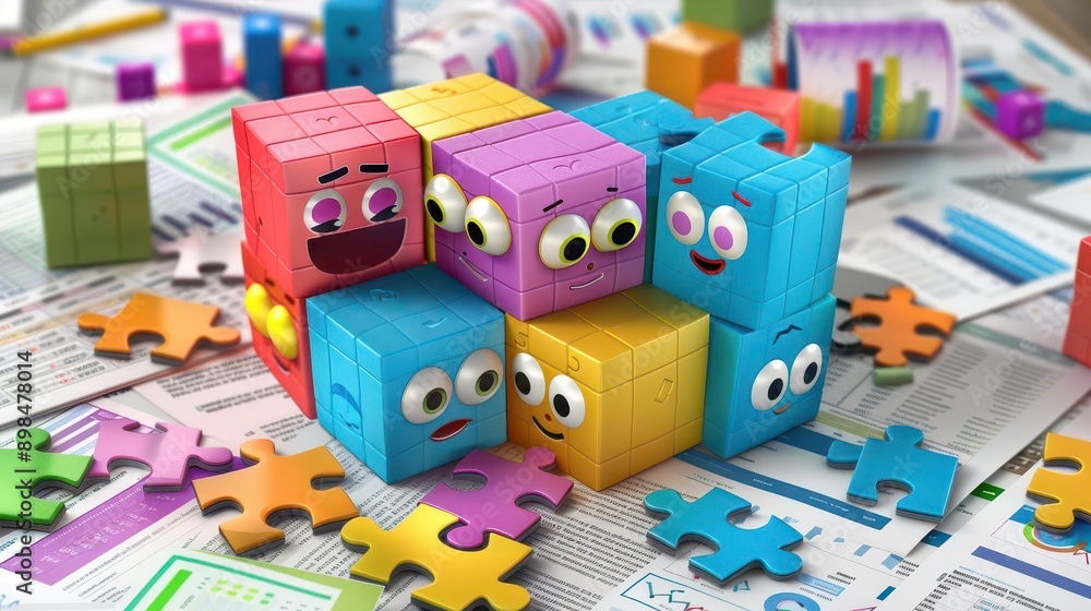 Obraz premium 3D clip art illustration of colorful Jigsaw Puzzle blocks with different facial expressions, set against a backdrop of a busy office