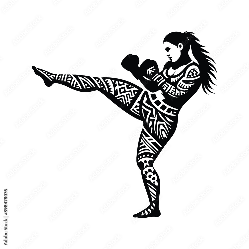 Fototapeta premium Boxing, Kickboxing female player in ethnic polynesia pattern illustration, emblem shield badge