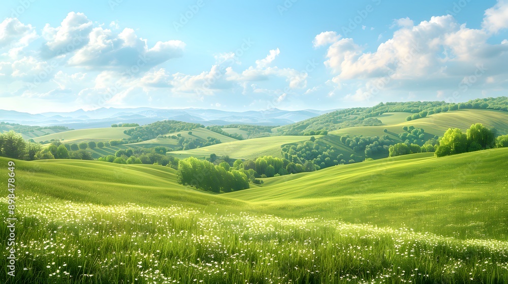 Serene Rolling Hills and Lush Green Meadows Under a Clear Blue Sky Serene Rolling Hills and Lush Green Meadows Under a Clear Blue Sky