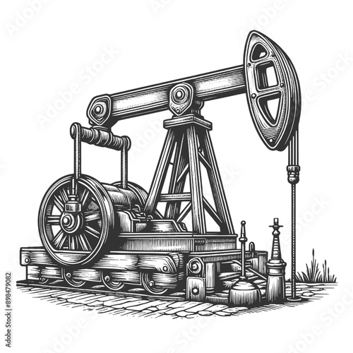 oil pump jack nodding donkey, detailed industrial design and mechanical elements sketch engraving generative ai vector illustration. Scratch board imitation. Black and white image.