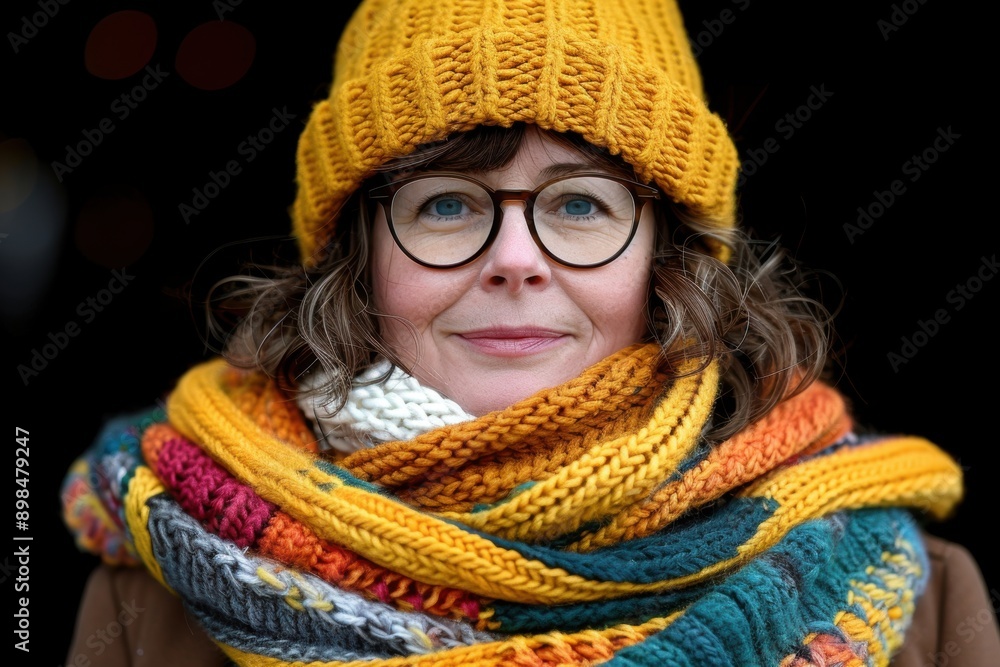 A woman wearing a bright yellow knit hat and round glasses, with a multicolored knit scarf wrapped warmly around her neck, stands facing the camera against a dark background A woman wearing a bright yellow knit hat and round glasses, with a multicolored knit scarf wrapped warmly around her neck, stands facing the camera against a dark background