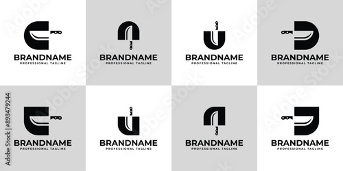 Letter C, D, N, U, or J Knife Logo Set, for Butcher Shops or Restaurant Branding