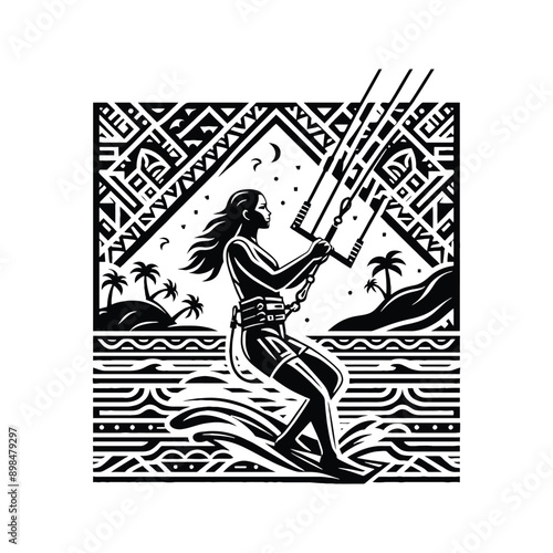 Kitesurfing, Wakeboarding   female player in ethnic polynesia pattern illustration, emblem shield badge