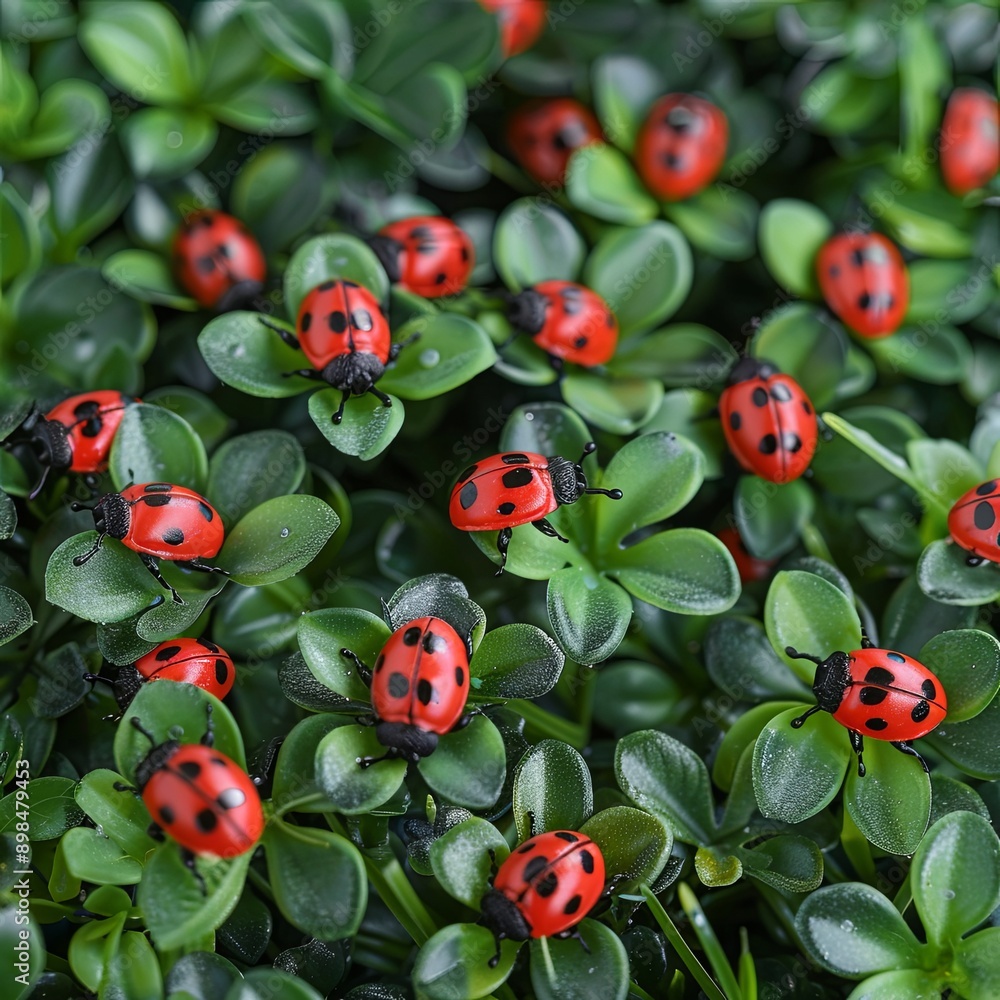 ladybug garden decoration, red and black dots on green leaves ladybug garden decoration, red and black dots on green leaves