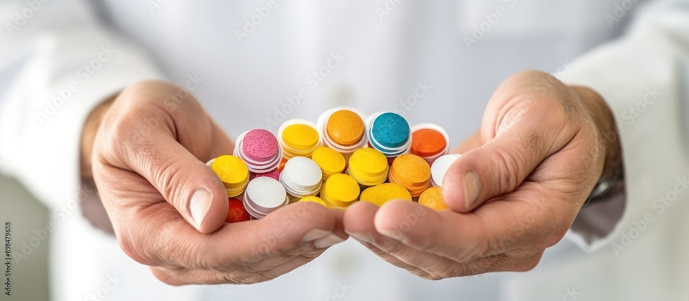 Closeup of Hands Holding Colorful Pills Closeup of Hands Holding Colorful Pills