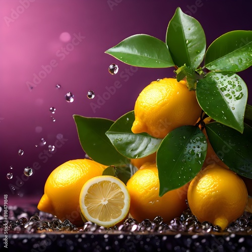 Fresh lemons with glistening water drops, capturing their vibrant yellow color and juicy texture isolated on the pink gradient background.  photo