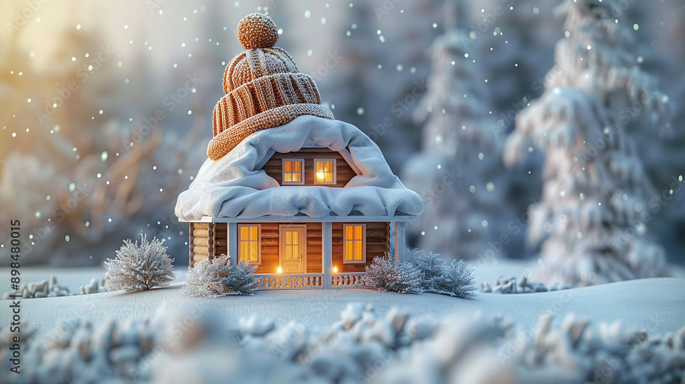 Naklejka premium Proper insulation while heating in cold winters. Cozy room with woven cap placed on the roof. Energy efficiency and warmth.